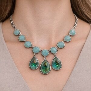 Silver Tone Blue & Green Statement Necklace | Aqua Round Teardrop Pendants